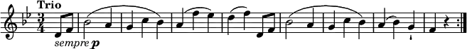 
\relative c'' {
  \version "2.18.2"
  \key bes \major
  \time 3/4
  \tempo "Trio"
  \tempo 4 = 130
  \partial4 d,8_\markup { \italic { sempre }   \dynamic p  }  f 
  bes2 (a4 g c bes)
  a (f'ees)
  d (f) d,8 f 
  bes2 (a4 g c bes)
  a4 (bes) g-!
  f r4 \bar ":|."
}
