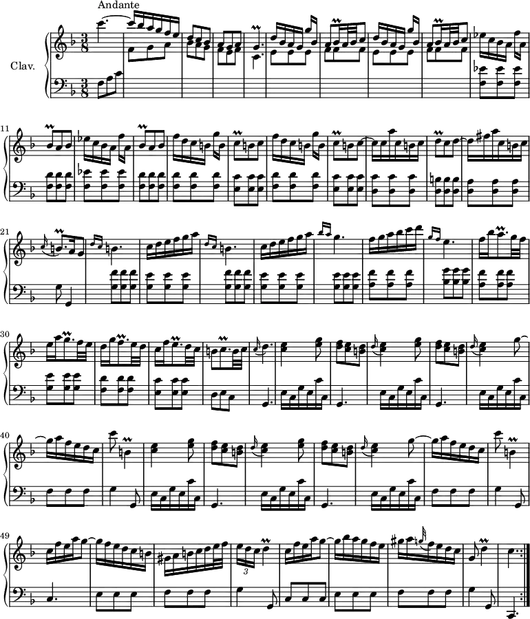 
\version "2.18.2"
\header {
  tagline = ##f
  % composer = "Domenico Scarlatti"
  % opus = "K. 354"
  % meter = "Andante"
}
%% les petites notes
trillGp      = { \tag #'print { g4.\prall } \tag #'midi { a32 g a g~ g4 } }
trillBesqq   = { \tag #'print { bes16\prall } \tag #'midi { \times 2/3 { bes32 c bes } } }
trillCq      = { \tag #'print { c8\prall } \tag #'midi { d32 c d c } }
trillBesq    = { \tag #'print { bes8\prall } \tag #'midi { c32 bes c bes } }
trillDq      = { \tag #'print { d8\prall } \tag #'midi { e32 d e d } }
trillD       = { \tag #'print { d4\prall } \tag #'midi { e32 d e d~   \tempo 4. = 30 d8 } }
trillDUp     = { \tag #'print { d'4\prall } \tag #'midi { e32 d e d~ d8 } }
trillBDown   = { \tag #'print { b,4\prall } \tag #'midi { c32 b c b~ b8 } }
trillBqp     = { \tag #'print { b8.\prall } \tag #'midi { c32 b c b~ b16 } }
trillGqp     = { \tag #'print { g8.\prall } \tag #'midi { a32 g a g~ g16 } }
trillAqp     = { \tag #'print { a8.\prall } \tag #'midi { bes32 a bes a~ a16 } }
trillEqp     = { \tag #'print { e8.\prall } \tag #'midi { f32 e f e~ e16 } }
trillFqp     = { \tag #'print { f8.\prall } \tag #'midi { g32 f g f~ f16 } }
trillCqp     = { \tag #'print { c8.\prall } \tag #'midi { d32 c d c~ c16 } }
upper = \relative c'' {
  \clef treble 
  \key f \major
  \time 3/8
  \tempo 4. = 60
  \set Staff.midiInstrument = #"harpsichord"
  \override TupletBracket.bracket-visibility = ##f
  \repeat volta 2 {
      s8*0^\markup{Andante}
      c'4.~ \stemUp | c16 bes a g f e | d8 c bes | a g a | \trillGp | \repeat unfold 2 { d'16 bes a g g'[ bes,] | 
      % ms. 7
      a8 \trillBesqq a32 bes c8 } | \stemNeutral \repeat unfold 2 { ees16 c bes a f'[ a,] |
      % ms. 13
      \trillBesq a8 bes } | 
      \repeat unfold 2 { f'16 d c b g'[ b,] | \trillCq b8 c~ } | c16 c a' c, b c |
      % ms. 19
      \trillDq c8 d~ | d16 fis a c, b c | \appoggiatura c16 \trillBqp  a16 \tempo 4. = 20 g8 | \tempo 4. = 60
      \repeat unfold 2 { \grace { \tempo 4. = 40 d'16 c }   \tempo 4. = 60 b4. | c16 d e f g a } |
      % ms. 26
      \grace { \tempo 4. = 40 bes16 a }  \tempo 4. = 60 g4. | f16 g a bes c d | 
      \grace { \tempo 4. = 40 g,16 f }   \tempo 4. = 60 e4. |
      % ms. 29
      f16 bes \trillAqp g32 f | e16 a \trillGqp f32 e | d16 g \trillFqp e32 d |  c16 f \trillEqp d32 c | b8 \trillCqp b32 c |
      % ms. 34
      \appoggiatura c16 d4. | 
      \repeat unfold 2 { < c e >4 < e g >8 | < d f > < c e > < b d > | \appoggiatura d16 < c e >4 < e g >8 | < d f > < c e > < b d > | \appoggiatura d16 < c e >4 g'8~ |
      % ms. 40
      g16 a f e d c | c'8 \trillBDown }
      % ms. 48
      c16 f e a g8~ | g16 f e d c b | gis a b c d e32 f |
      % ms. 52    
      \times 2/3 { e16 d c } \trillD | c16 f e a g8~ | g16 bes a g f e | gis a \appoggiatura g32 f16 e d c | g8 \trillDUp | c4.   \tempo 4. = 60 }%repet
}
lower = \relative c' {
  \clef bass
  \key f \major
  \time 3/8
  \set Staff.midiInstrument = #"harpsichord"
  \override TupletBracket.bracket-visibility = ##f
  \repeat volta 2 {
    % ************************************** \appoggiatura a16  \repeat unfold 2 {  } \times 2/3 { }   \omit TupletNumber 
      f,8 a c \stemDown \change Staff = "upper" | f g a | bes a g | f e f | c4. | \repeat unfold 2 { e8 e e |
      % ms. 7
      f8 f f } | \stemNeutral \change Staff = "lower" \repeat unfold 2 { < f, ees' >8 q q | 
      % ms. 13
      < f d' >8 q q } | \repeat unfold 2 { < f d' >8 q q | < e c' > q q } | < d c' >8 q q |
      % ms. 19
      < d b' >8 q q | < d a' > q q | g8 g,4 | \repeat unfold 2 { < g' f' >8 q q |
      % ms. 24
      < g e' > q q } | q q q | < a f' > q q | < bes g' > q q |
      % ms. 29
      < a f' >8 q q | < g e' > q q | < f d' > q q | < e c' > q q | d e c |
      % ms. 34
      g4. | \repeat unfold 2 { e'16 c g' e c' c, | \repeat unfold 2 { g4. | e'16 c g' e c' c, } |
      % ms. 34
      f8 f f | g4 g,8 } |
      % ms. 49
      c4. | e8 e e | f f f | 
      % ms. 52
      g4 g,8  \tempo 4. = 60  | c c c | e e e | f f f | g4 g,8 | c,4. }%repet
}
thePianoStaff = \new PianoStaff <<
    \set PianoStaff.instrumentName = #"Clav."
    \new Staff = "upper" \upper
    \new Staff = "lower" \lower
  >>
\score {
  \keepWithTag #'print \thePianoStaff
  \layout {
      #(layout-set-staff-size 17)
    \context {
      \Score
     \override SpacingSpanner.common-shortest-duration = #(ly:make-moment 1/2)
      \remove "Metronome_mark_engraver"
    }
  }
}
\score {
  \unfoldRepeats
  \keepWithTag #'midi \thePianoStaff
  \midi { }
}
