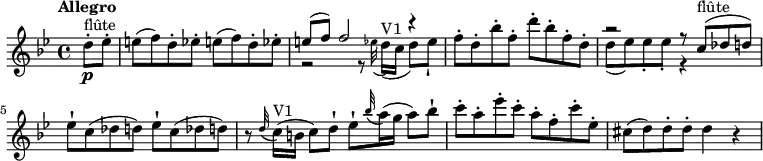 
\relative c'' {
   \version "2.18.2"
   \key bes \major
   \time 4/4
   \tempo "Allegro"
   \tempo 4 = 120
\partial4 d8-. \p ^ \markup {flûte} es-.
e (f) d-. ees!-. e (f) d-. ees!-.
 <<{e8 (f) f2 r4}  \\  {r2 r8  \grace ees32 (d16) ^\markup {V1} (c d8) [ees-!]}>>
f8-. d-. bes'-. f-. d'-. bes-. f-. d-.
 <<{r2 r8 c8^ \markup {flûte} (des d)}  \\  {d (ees) ees-. ees-. r4}>>
 ees8-!  c  (des d) ees-!  c  (des d)
 r8  \grace d32 (c16)  ^\markup {V1}  (b c8) d8-! ees-!  \grace bes'32 (a16) (g a8) bes-!
 c-. a-. ees'-. c-. a-. f-. c'-. ees,-.
 cis (d) d-. d-. d4 r
}
