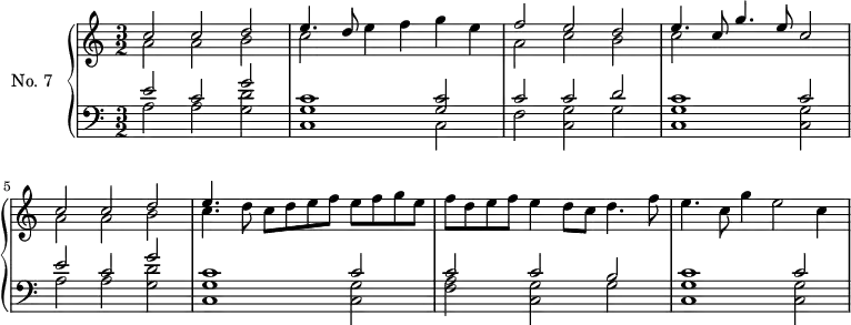 
\version "2.14.2"
\header {
  tagline = ##f
}
upper = \relative c'' {
  \clef treble 
  \key a \minor
  \time 3/2
  \tempo 2 = 96
  \autoBeamOff
  \set Staff.midiInstrument = #"harpsichord"
    << { c2 c d e4. d8 } \\ { a2 a b c e4 f g e } >>
    << { f2 e d } \\ { a2 c b } >>
    << { e4. c8 g'4. e8 c2 } \\ { c2 } >>
    << { c2 c d } \\ { a2 a b } >>
    << { e4. } \\ { c4. d8 c d e f e f g e } >>
    << {} \\ { f d e f e4 d8 c d4. f8 e4. c8 g'4 e2 c4 } >>
}
lower = \relative c {
  \clef bass
  \key a \minor
  \time 3/2
  \set Staff.midiInstrument = #"harpsichord"
    << { e'2 c g' } \\ { a,2 a << d g, >> } >>
    << { c1 << c2 g >> } \\  { << g1 c, >> c2 } >> 
    << { c'2 c d } \\ { f,2 << g c, >> g' } >> 
    << { c1 c2 }  \\ { << g1 c, >> << g'2 c, >> } >> 
    << { e'2 c g' } \\ { a,2 a << d g, >> } >>
    << { c1 c2 }  \\ { << g1 c, >> << g'2 c, >> } >> 
    << { c'2 c b }  \\ { << f2 a >> << g2 c, >> g'2 } >> 
    << { c1 c2 }  \\ { << g1 c, >> << g'2 c, >> } >> 
}
\score {
  \new PianoStaff <<
    \set PianoStaff.instrumentName = #"No. 7"
    \new Staff = "upper" \upper
    \new Staff = "lower" \lower
  >>
  \layout {
    \context {
      \Score
      \remove "Metronome_mark_engraver"
    }
  }
  \midi { }
}
