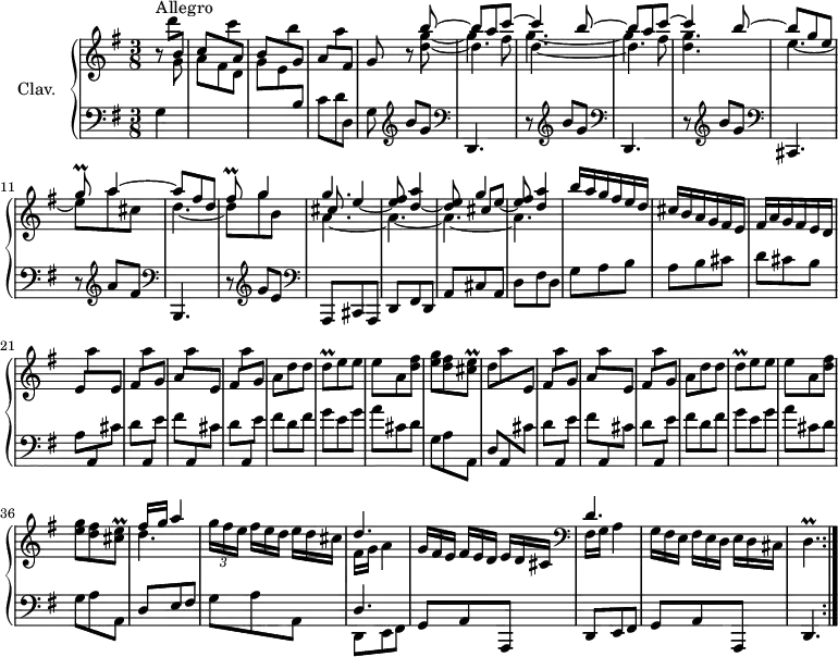 
\version "2.18.2"
\header {
  tagline = ##f
  % composer = "Domenico Scarlatti"
  % opus = "K. 523"
  % meter = "Allegro"
}
%% les petites notes
trillFisq       = { \tag #'print { fis8\prall } \tag #'midi { g32 fis g fis } }
trillGq         = { \tag #'print { g8\prall } \tag #'midi { a32 g a g } }
trillDq         = { \tag #'print { d8\prall } \tag #'midi { e32 d e d } }
trillCisetEq    = { \tag #'print { < cis e >8\prall } \tag #'midi { << { fis32 e fis e } \\ { cis8 } >>  } }
trillDp         = { \tag #'print { d4.\prall } \tag #'midi { e32 d e d~   \tempo 4. = 60 d4   \tempo 4. = 84 } }
upper = \relative c'' {
  \clef treble 
  \key g \major
  \time 3/8
  \tempo 4. = 84
  \set Staff.midiInstrument = #"harpsichord"
  \override TupletBracket.bracket-visibility = ##f
  \repeat volta 2 {
      s8*0^\markup{Allegro}
      r8 d'8 \stemUp b, | c \stemDown c' \stemUp a, | b \stemDown b' \stemUp g, | a \stemDown a' \stemUp fis, | g r8 
      << { b'8~ | b a c~ | c4 b8~ | b a c~ } \\ 
      { \single \hide Flag g8~ | \shiftOn g4 fis8 | g4.~ | g4 fis8 } \\ 
      { \shiftOff \stemDown d8_~ d4. | d4._~ d4. } >>
      % ms. 9
      << { c'4 b8~ | b g e | \trillGq a4~ | a8 fis d | \trillFisq g4 } \\ 
     { < d g >4. e4.~ | e8 a cis, | d4.~ | d8 g b, } >> 
      << { g'4. s4. s8 g4 } \\ 
     { \shiftOnnn \stemUp cis,8 e4~ | < e fis >8 < d a' >4~ | < d e >8 \shiftOnnn cis[ e~] < e fis >8 < d a' >4 } \\ 
     { \stemDown a4._~ a_~ a_~ a } >>
      % ms. 18
      b'16 a g fis e d | cis b a g fis e | fis a g fis e d | e8 \stemDown a' \stemUp e, | fis \stemDown a' \stemUp g, | a \stemDown a' \stemUp e, |
      % ms. 24
      fis8 \stemDown a' \stemUp g, | \stemNeutral a d d | \trillDq e8 e | e a, < d fis > | < e g >8 < d fis > \trillCisetEq | d8 \stemDown a' \stemUp e, | fis \stemDown a' \stemUp g, | a \stemDown a' \stemUp e, | fis8 \stemDown a' \stemUp g, |  \stemNeutral
      % ms. 33
      a d d | \trillDq e8 e | e a, < d fis > | < e g >8 < d fis > \trillCisetEq | << { fis16 g a4 } \\ { d,4. } >> | \times 2/3 { g16 fis e }   \omit TupletNumber \times 2/3 { fis16[ e d] } \times 2/3 { e16 d cis } | << { d4. } \\ { fis,16 g a4 } >>
      % ms. 40
      \times 2/3 { g16 fis e }   \omit TupletNumber \times 2/3 { fis16[ e d] } \times 2/3 { e16 d cis } |   \clef bass << { d4. } \\ { fis,16 g a4 } >> | \times 2/3 { g16 fis e }   \omit TupletNumber \times 2/3 { fis16[ e d] } \times 2/3 { e16 d cis } | \trillDp }%reprise
}
lower = \relative c' {
  \clef bass
  \key g \major
  \time 3/8
  \set Staff.midiInstrument = #"harpsichord"
  \override TupletBracket.bracket-visibility = ##f
  \repeat volta 2 {
    % ************************************** \appoggiatura a16  \repeat unfold 2 {  } \times 2/3 { }   \omit TupletNumber 
      g4 \stemDown \change Staff = "upper" g'8 | a fis d | g e \stemUp \change Staff = "lower" b \stemNeutral | c d d, | g \repeat unfold 2 {  \clef treble  b'8[ g] |   \clef bass d,,4. r8 } | \clef treble
      % ms. 9
      b'''8[ g] |  \clef bass cis,,,4. | r8  \clef treble a'''8[ fis] | \clef bass b,,,4. | r8  \clef treble g'''8[ e] | \clef bass a,,,8 cis a | d fis d | a' cis a | 
      % ms. 17
      d8 fis d | g a b | a b cis | d cis b | a8 \repeat unfold 2 { \stemUp a, \stemDown cis' | d \stemUp a, \stemDown e'' | fis \stemUp a,, \stemDown cis' |
      % ms. ... à 37
      d8 \stemUp a, \stemDown e'' | \stemNeutral fis d fis | g e g | a cis, d | g, a a, | \stemUp d } e fis | \stemNeutral g a a, | << { d4. } \\ { d,8 e fis } >>
      % ms. 40
      g8 a a,  | d e fis | g a a, d4. }%reprise
}
thePianoStaff = \new PianoStaff <<
    \set PianoStaff.instrumentName = #"Clav."
    \new Staff = "upper" \upper
    \new Staff = "lower" \lower
  >>
\score {
  \keepWithTag #'print \thePianoStaff
  \layout {
      #(layout-set-staff-size 17)
    \context {
      \Score
     \override SpacingSpanner.common-shortest-duration = #(ly:make-moment 1/2)
      \remove "Metronome_mark_engraver"
    }
  }
}
\score {
  \unfoldRepeats
  \keepWithTag #'midi \thePianoStaff
  \midi { }
}
