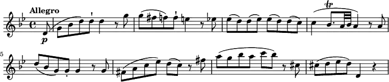 
  \relative c'' {
    \version "2.18.2"
    \key bes \major
    \tempo "Allegro"
    \tempo 4 = 130
    \time 4/4
    \partial 8 d,8\p
    (g bes d) d-! d4 r8 g
    g (fis f ) f-! e4 r8 ees!
    ees (d) d (ees) ees (d) d (c)
    c4 (bes8.\trill [a32 bes] a4) r8 a
    d (bes g) g-. g4 r8 g8
    fis (a c ees) d (c) r8 fis
    a (g bes a c bes) r cis,
    cis (d ees d) d,4 r
}
