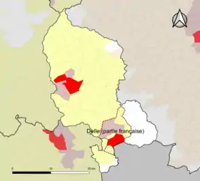 Localisation de l'aire d'attraction de Delle (partie française) dans le département du Territoire de Belfort.