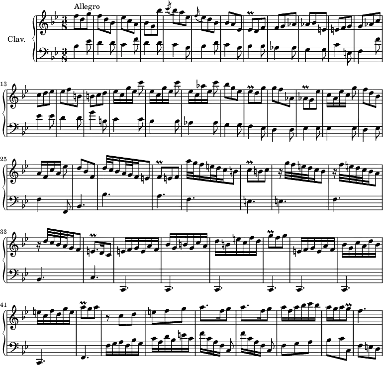 
\version "2.18.2"
\header {
  tagline = ##f
  % composer = "Domenico Scarlatti"
  % opus = "K. 311"
  % meter = "Allegro"
}
%% les petites notes
trillEesq     = { \tag #'print { ees8\prall } \tag #'midi { f32 ees f ees } }
trillEq       = { \tag #'print { e8\prall } \tag #'midi { f32 e f e } }
trillAesq     = { \tag #'print { aes8\prall } \tag #'midi { bes32 aes bes aes } }
trillAq       = { \tag #'print { a8\prall } \tag #'midi { bes32 a bes a } }
trillFq       = { \tag #'print { f8\prall } \tag #'midi { g32 f g f } }
trillCq       = { \tag #'print { c8\prall } \tag #'midi { d32 c d c } }
trillGq       = { \tag #'print { g8\prall } \tag #'midi { a32 g a g } }
trillEqp      = { \tag #'print { e8.\prall } \tag #'midi { f32 e f e~ e16 } }
upper = \relative c'' {
  \clef treble 
  \key bes \major
  \time 3/8
  \tempo 4. = 82
  \set Staff.midiInstrument = #"harpsichord"
  \override TupletBracket.bracket-visibility = ##f
      s8*0^\markup{Allegro}
      f8 d g | f d bes | ees c a | bes g bes' | \acciaccatura c8 bes8 a ees | \appoggiatura f16 ees8 d bes | bes a ees | \trillEesq d f |
      % ms. 9
      f8 g aes | aes bes e, | e f g | g aes c | c d ees | ees f b,  | b c d  | \repeat unfold 2 { ees16[ c g' ees]  c'8 } |
      % ms. 18
      ees,16[ c aes' ees]  c'8 | bes8 g ees | \trillEesq d8 g | g f aes, | \trillAesq g8 ees' | c16[ a ees' c] g'8 | f8 d bes |
      % ms. 25
      a16[ f c' a] ees'8 | d bes f | d'32 c bes16 a32 g f16 e8 | \trillFq e f | a'32 g f16 e32 d c16 b8 | \trillCq b8 c | r16 g'32 f e d  c16 bes8 |
      % ms. 32
      r16 f'32 e d c bes16 a8 | r16 d32 c bes a g16 f8 | \trillEqp d16 c8 | e16 f g e a f | bes g b g c a | d b e c f d | \trillGq f8 g |
      % ms. 39
      e,16 f g e a f | bes g c a d bes | e c f d g e | \trillAq g8 a | r8 c,8 d | e f g |  \repeat unfold 2 { a8. f16 g8 } |
      % ms. 47
      a16 f a bes c bes | a g a8 \trillGq | f4. | % e,16
}
lower = \relative c' {
  \clef bass
  \key bes \major
  \time 3/8
  \set Staff.midiInstrument = #"harpsichord"
  \override TupletBracket.bracket-visibility = ##f
    % ************************************** \appoggiatura a16  \repeat unfold 2 {  } \times 2/3 { }   \omit TupletNumber 
      bes4 ees8 | d4 d8 | c4 f8 | d4 d8 | c4 a8 | bes4 d8 | c4 a8 | bes4 bes8 |
      % ms. 9
      aes4 aes8 | g4 g8 | c4 e,8 | f4 f'8 | ees4 ees8 | d4 d8 | g4 b,8 | c4 c8 |
      % ms. 17
      bes4 bes8 | aes4 aes8 | g4 g8 | f4 ees8 | d4 d8 | ees4 ees8 | ees4 ees8 | d4 ees8 | 
      % ms. 25
      f4 f,8 | bes4. | bes' a f e e |
      % ms. 32
      f4. bes, c \repeat unfold 7 { c, } | f4.
      % ms. 43
      f'16 g a f bes g | c a d bes e c | \repeat unfold 2 { f16[ c a f] c8 } |
      % ms. 47
      f8 g a | bes c c, | f e d | % c,4.
}
thePianoStaff = \new PianoStaff <<
    \set PianoStaff.instrumentName = #"Clav."
    \new Staff = "upper" \upper
    \new Staff = "lower" \lower
  >>
\score {
  \keepWithTag #'print \thePianoStaff
  \layout {
      #(layout-set-staff-size 17)
    \context {
      \Score
     \override SpacingSpanner.common-shortest-duration = #(ly:make-moment 1/2)
      \remove "Metronome_mark_engraver"
    }
  }
}
\score {
  \keepWithTag #'midi \thePianoStaff
  \midi { }
}
