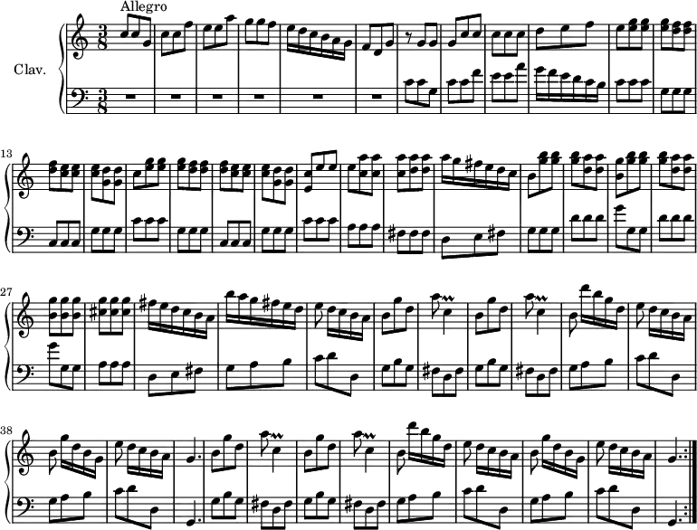 
\version "2.18.2"
\header {
  tagline = ##f
  % composer = "Domenico Scarlatti"
  % opus = "K. 330"
  % meter = "Allegro"
}
%% les petites notes
trillCDown       = { \tag #'print { c,4\prall } \tag #'midi { d32 c d c~ c8 } }
upper = \relative c'' {
  \clef treble 
  \key c \major
  \time 3/8
  \tempo 4. = 90
  \set Staff.midiInstrument = #"harpsichord"
  \override TupletBracket.bracket-visibility = ##f
  \repeat volta 2 {
      s8*0^\markup{Allegro}
      c8 c g | c c f | e e a | g g f | e16 d c b a g | f8 d g |
      % ms. 7
      r8 g8 g | g c c | c c c | d e f | e < e g > q | q < d f > q | q < c e > q |
      % ms. 14
      q8 < g d' >  q | c < e g > q | q < d f > q | q < c e > q | q8 < g d' >  q | < e c' > e' e | e < c a' > q | q < d a' > q 
      % ms. 22
      a'16 g fis e d c | b8 < g' b > q | q < d a' > q | < b g' > < g' b > q | q < d a' > q | < b g' > q q | < cis g' > q q |
      % ms. 29
      fis16 e d c b a | b' a g fis e d | e8 d16[ c b a] | \repeat unfold 2 { \repeat unfold 2 {  b8 g' d | a' \trillCDown }
      % ms. 36
      b8 d'16[ b g d] | e8 d16[ c b a] | b8 g'16[ d b g] | e'8 d16[ c b a] | g4. } }%repet
}
lower = \relative c' {
  \clef bass
  \key c \major
  \time 3/8
  \set Staff.midiInstrument = #"harpsichord"
  \override TupletBracket.bracket-visibility = ##f
  \repeat volta 2 {
    % ************************************** \appoggiatura a16  \repeat unfold 2 {  } \times 2/3 { }   \omit TupletNumber 
      R4.*6 |
      % ms. 7
      c8 c g | c c f | e e a | g16 f e d c b | \repeat unfold 2 { c8 c c | g g g | c, c c |
      % ms. 14 à 19 suite
      g'8 g g } | c8 c c | a a a | fis fis fis |
      % ms. 22
      d8 e fis | g g g | \repeat unfold 2 { d' d d | g g, g } | a8 a a |
      % ms. 29
      d,8 e fis | g a b | c d d, | \repeat unfold 2 { g b g | fis d fis } | 
      % ms. 36
       \repeat unfold 2 { g8 a b | c d d, } | g,4. | \repeat unfold 2 { g'8 b g | fis d fis } |
      % ms. 45
      \repeat unfold 2 { g8 a b | c d d, } | g,4. }
}
thePianoStaff = \new PianoStaff <<
    \set PianoStaff.instrumentName = #"Clav."
    \new Staff = "upper" \upper
    \new Staff = "lower" \lower
  >>
\score {
  \keepWithTag #'print \thePianoStaff
  \layout {
      #(layout-set-staff-size 17)
    \context {
      \Score
     \override SpacingSpanner.common-shortest-duration = #(ly:make-moment 1/2)
      \remove "Metronome_mark_engraver"
    }
  }
}
\score {
%   \unfoldRepeats
  \keepWithTag #'midi \thePianoStaff
  \midi { }
}
