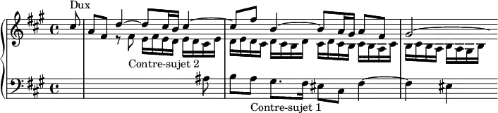 
\version "2.18.2"
\header {
  tagline = ##f
}
Dux          = { cis8-\markup{Dux} a fis d'4~ d8 cis16 b cis4~ cis8 fis b,4~  b8 a16 gis a8 fis gis2~ }
ContreSujetA = { a8-\markup{Contre-sujet 1} gis8. fis16 | eis8 cis fis4~ fis eis4 }
ContreSujetB = { gis8-\markup{Contre-sujet 2} fis16 gis fis e fis e dis fis | e fis e  dis e dis cis e dis }
upper = \relative c'' {
  \clef treble 
  \key fis \minor
  \time 4/4
  \tempo 4 = 80
  \set Score.currentBarNumber = #66
  \set Staff.midiInstrument = #"harpsichord" 
  %\context Score \applyContext #(set-bar-number-visibility 4)
  \bar ""
   %% FUGUE CBT II-14, BWV 883, fa-dièse mineur
   << { \partial 8 \Dux \hideNotes gis16 } \\ { s4. r8 \transpose gis fis \relative c'' { \ContreSujetB } d16 cis b cis b a cis b cis b a b a gis b } >>
}
lower = \relative c' {
  \clef bass 
  \key fis \minor
  \time 4/4
  \set Staff.midiInstrument = #"harpsichord" 
   s8 s4*3 s8 ais8 b \ContreSujetA s16
} 
\score {
  \new PianoStaff <<
    \set PianoStaff.instrumentName = #""
    \new Staff = "upper" \upper
    \new Staff = "lower" \lower
  >>
  \layout {
    \context {
      \Score
      \remove "Metronome_mark_engraver"
    }
  }
  \midi { }
}
