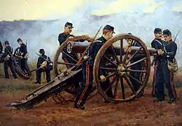 Peinture représentant la mise en batterie d'un canon.