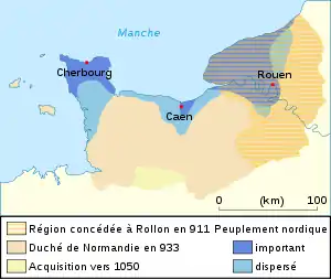 Carte de la Normandie illustrant d'une part le taux de peuplement nordique dans le territoire du duché et les périodes successives d'expansion de celui-ci.