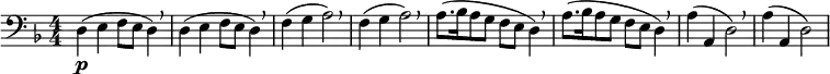 
  \relative c { \clef bass \numericTimeSignature \time 4/4 \key d \minor d4\p( e f8 e d4) \breathe | d4( e f8 e d4) \breathe | f( g a2) \breathe | f4( g a2) \breathe | a8.([ bes16 a8 g] f e d4) \breathe | a'8.([ bes16 a8 g] f e d4) \breathe | a'( a, d2) \breathe | a'4( a, d2) }
