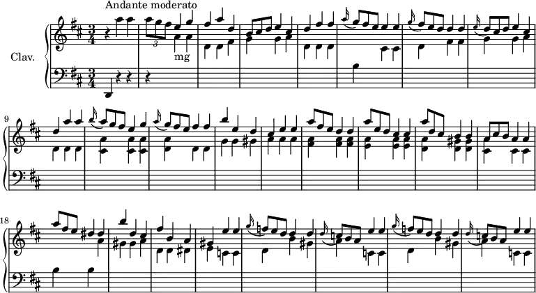 
\version "2.18.2"
\header {
  tagline = ##f
  % composer = "Domenico Scarlatti"
  % opus = "K. 164"
  % meter = "Andante moderato"
}
%% les petites notes
%trillBesp     = { \tag #'print { bes4.\prall } \tag #'midi { c32 bes c bes~ bes4 } }
upper = \relative c'' {
  \clef treble 
  \key d \major
  \time 3/4
  \tempo 4 = 102
      s8*0^\markup{Andante moderato}
      r4 a'4 a | \times 2/3 { a8 g fis } \stemUp e4 g | fis a d, | \omit TupletNumber \times 2/3 { b8 cis d } e4 cis |
      % ms. 5
      d4 fis fis | \appoggiatura a16 \times 2/3 { g8 fis e } e4 e | \appoggiatura g16 \times 2/3 { fis8 e d } d4 d | \appoggiatura e16 \times 2/3 { d8 cis d } e4 cis | 
      % ms. 9
      d4 a' a | \appoggiatura b16 \times 2/3 { a8 g fis } e4 g | \appoggiatura a16 \times 2/3 { g8 fis e } fis4 fis | b e, d | cis e e |
      % ms. 14
      \times 2/3 { a8 fis e } d4 d | \times 2/3 { a'8 e d } cis4 cis | \times 2/3 { a'8 d, cis } b4 b | \times 2/3 { a8 cis b } a4 a |
      % ms. 18
      \times 2/3 { a'8 fis e } dis4 dis | b' d, cis | fis b, a | gis e' e | \appoggiatura g16 \times 2/3 { f8 e d } d4 d |
      % ms. 23
      \appoggiatura d16 \times 2/3 { c8 b a } e'4 e | \appoggiatura g16 \times 2/3 { f8 e d } d4 d | \appoggiatura d16 \times 2/3 { c8 b a } e'4 e |
      % ms. 27
}
lower = \relative c' {
  \clef bass
  \key d \major
  \time 3/4
    % ************************************** \appoggiatura a16  \repeat unfold 2 {  } \times 2/3 { }   \omit TupletNumber 
      d,,4 r4 r4 | r4 \stemDown \change Staff = "upper"  a'''4-\markup{mg} a | d, d fis | g g a |
      % ms. 5
      d,4 d d \stemNeutral \change Staff = "lower" | b \stemDown \change Staff = "upper" cis cis | d fis fis | g g a
      % ms. 9
      d,4 d d | < cis a' > q q | < d a' > d d | g g gis | a a a |
      % ms. 14
      < fis a >4 q q | < e a > q q | < d a' > < d gis > q | < cis a' > cis cis \stemNeutral \change Staff = "lower" |
      % ms. 18
      b4 b \stemDown \change Staff = "upper"  a' | gis gis a | d, d dis | e c c | d b' gis |
      % ms. 23
      a4 c, c | d b' gis | a c, c | %d d e |
      % ms. 27
}
thePianoStaff = \new PianoStaff <<
    \set PianoStaff.instrumentName = #"Clav."
    \new Staff = "upper" \upper
    \new Staff = "lower" \lower
  >>
\score {
  \keepWithTag #'print \thePianoStaff
  \layout {
      #(layout-set-staff-size 17)
    \context {
      \Score
     \override TupletBracket.bracket-visibility = ##f
     \override SpacingSpanner.common-shortest-duration = #(ly:make-moment 1/2)
      \remove "Metronome_mark_engraver"
    }
  }
}
\score {
  \keepWithTag #'midi \thePianoStaff
  \midi { \set Staff.midiInstrument = #"harpsichord" }
}
