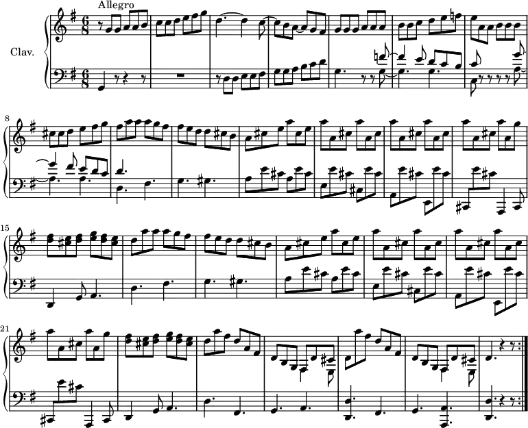 
\version "2.18.2"
\header {
  tagline = ##f
  % composer = "Domenico Scarlatti"
  % opus = "K. 413"
  % meter = "Allegro"
}
%% les petites notes
%trillBesp     = { \tag #'print { bes4.\prall } \tag #'midi { c32 bes c bes~ bes4 } }
upper = \relative c'' {
  \clef treble 
  \key g \major
  \time 6/8
  \tempo 4. = 102
  \set Staff.midiInstrument = #"harpsichord"
  \override TupletBracket.bracket-visibility = ##f
  \repeat volta 2 {
      s8*0^\markup{Allegro}
      r8 g8 g a a b | c  c d e fis g | d4.~ d4 c8~ | c b a~ a g fis |
      % ms. 5
      g8 g g a a a | b b c d e f | e a, a b b b | cis cis d e fis g | fis \repeat unfold 2 { a a a g fis |
      % ms. 10
      fis8 e d d cis b | a cis e a cis, e | \repeat unfold 5 { a a, cis } a' a, g' |
      % ms. 15 à 22
      < d fis >8 < cis e > < d fis > < e g > < d fis > < cis e > | d } a'8 fis d a fis | d b g << { fis8 d' cis } \\ { fis,4 e8 } >>
      % ms. 25
      d'8 a'' fis d a fis | d b g << { fis8 d' cis } \\ { fis,4 e8 } >> | d'4. r4 r8 }%repet
}
lower = \relative c' {
  \clef bass
  \key g \major
  \time 6/8
  \set Staff.midiInstrument = #"harpsichord"
  \override TupletBracket.bracket-visibility = ##f
  \repeat volta 2 {
    % ************************************** \appoggiatura a16  \repeat unfold 2 {  } \times 2/3 { }   \omit TupletNumber 
      g,4 r8 r4 r8 | R2. | r8 d'8 d e e fis | g g a b c d |
      % ms. 5
      g,4. r8 r8 << { f'8~ | f4 e8 d c b | c } \\ { g8~ g4. g | c,8 } >> r8 r8 r8 r8 << { g''8~ | g4 fis8 e d c | d4. } \\ { a8~ | a4. a | d, } >> fis4.
      % ms. 10
      g4. gis | \repeat unfold 2 { a8 e' cis } | e, e' cis cis, e' cis | a, e'' cis e,, e'' cis | cis,, e'' cis a,,4 cis8 |
      % ms. 15
      d4 g8 a4. | d fis | g gis | \repeat unfold 2 { a8 e' cis } | e, e' cis cis, e' cis |
      % ms. 20
      a, e'' cis e,, e'' cis | cis,, e'' cis a,,4 cis8 | d4 g8 a4. | d fis, | g  \shiftOn a |
      % ms. 25
      < d, d' >4. fis | g  \shiftOn < a, a' > | < d d' > r4 r8 }%repet
}
thePianoStaff = \new PianoStaff <<
    \set PianoStaff.instrumentName = #"Clav."
    \new Staff = "upper" \upper
    \new Staff = "lower" \lower
  >>
\score {
  \keepWithTag #'print \thePianoStaff
  \layout {
      #(layout-set-staff-size 17)
    \context {
      \Score
     \override SpacingSpanner.common-shortest-duration = #(ly:make-moment 1/2)
      \remove "Metronome_mark_engraver"
    }
  }
}
\score {
  \unfoldRepeats
  \keepWithTag #'midi \thePianoStaff
  \midi { }
}
