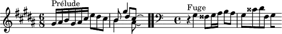 
\version "2.18.2"
\header {
  tagline = ##f
}
\score {
  \new Staff \with {
%fontSize = #-2
  }
<<
  \relative c'' {
    \key gis \minor
    \time 6/8
	\set Staff.midiInstrument = #"harpsichord" 
     %% INCIPIT CBT I-18, BWV 863, sol-dièse mineur
     s4*0^\markup{Prélude} gis16 ais b gis ais cis e8 dis cis | \once \override Staff.TimeSignature #'stencil = ##f \time 7/8 << { b8 gis'4 } \\ { b,4 ais8*3~ \hideNotes ais4 } \\ { s8 dis8[ cis8*3~] \hideNotes cis4 } >> \bar ".."
     \skip 16*1
     \override Staff.Clef.extra-offset = #'( -1 . 0 )
     \time 4/4 
     \clef bass
     \relative c' { \partial 1 r4^\markup{Fuge} gis4 fisis8 gis16 ais b8 ais gis cisis dis fis,
{ 
 % suppression des warnings :
 #(ly:set-option 'warning-as-error #f)
 #(ly:expect-warning (_ "stem does not fit in beam")) %% <= à traduire éventuellement
 #(ly:expect-warning (_ "beam was started here")) %% <= à traduire éventuellement
  \set stemRightBeamCount = #1
  gis4*1/2[ s]
}
}
  }
>>
  \layout {
     \context { \Score \remove "Metronome_mark_engraver" 
     \override SpacingSpanner.common-shortest-duration = #(ly:make-moment 1/2) 
}
  }
  \midi {}
}
