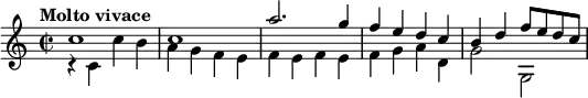 
 \relative c'' {
    \version "2.18.2"
    \key c \major 
    \tempo "Molto vivace"
    \time 2/2
  << \relative c'' {\stemUp c1 c a'2. g4 f e d c b d f8 e d c} \\  \relative c'' {\stemDown r4   c, c'  b a g f e f e f e f g a d, g2 g, }>>
}
