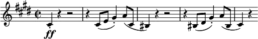 
\relative c' {
 \version "2.18.2"
 \key cis \minor \time 2/2
 \set Score.tempoHideNote = ##t \tempo 2 = 132
 \set Staff.midiInstrument = "violin"
 cis4-.\ff r4 r2 |
 r4 cis8( e gis4-.) a8( cis, |
 bis4) r4 r2 |
 r4 bis8( dis gis4-.) a8( bis, |
 cis4) r4
}
