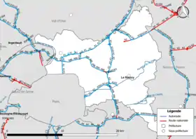 Carte du réseau routier national (autoroutes et routes nationales) dans le département de la Seine-Saint-Denis