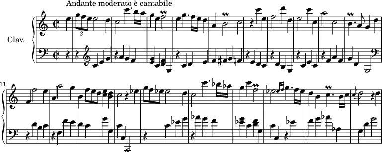 
\version "2.18.2"
\header {
  tagline = ##f
  % composer = "Domenico Scarlatti"
  % opus = "K. 170"
  % meter = "Andante moderato è cantabile"
}
%% les petites notes
trillFb     = { \tag #'print { f2\prall } \tag #'midi { g32 f g f~ f8 f4 } }
trillFbDown = { \tag #'print { f,2\prall } \tag #'midi { g32 f g f~ f8 f4 } }
trillBb     = { \tag #'print { b2\prall } \tag #'midi { c32 b c b~ b8 b4 } }
trillBp     = { \tag #'print { b4.\prall } \tag #'midi { c32 b c b~ b4 } }
trillCp     = { \tag #'print { c4.\prall } \tag #'midi { d32 c d c~ c4 } }
upper = \relative c'' {
  \clef treble 
  \key c \major
  \time 2/2
  \tempo 2 = 56
  \set Staff.midiInstrument = #"harpsichord"
  \override TupletBracket.bracket-visibility = ##f
      \partial 4
      s8*0^\markup{Andante moderato è cantabile}
      e4 | \times 2/3 { g8 f e } e2 d4 | c2 c'4. b16 a | g4 e \trillFb | e g4. f16 e | d4 a \trillBb
      % ms. 6
      c2 r4 c'4 | e, f2 d'4 | d, e2 c'4 | c, a'2 c, | \trillBp a8 g4 d' | f, f'2 e4 |
      % ms. 12
      a,4 a'2 g4 | b, \omit TupletNumber \times 2/3 { f'8 e d } < c e >4 < b d > | c2 r4 ees4 | \times 2/3 { g8 f ees } ees2 d4 | c2 c'4. bes16 aes |
      % ms. 17
      g4 c \trillFbDown | ees2 \grace {   \tempo 2 = 20 ees16 f } \tempo 2 = 56 g4. f16 ees | d4 b \trillCp b16 c \appoggiatura c8 d2 r4 d4
      % ms. 22
}
lower = \relative c' {
  \clef bass
  \key c \major
  \time 2/2
  \set Staff.midiInstrument = #"harpsichord"
  \override TupletBracket.bracket-visibility = ##f
    % ************************************** \appoggiatura \repeat unfold 2 {  } \times 2/3 { }
      r4 | r4   \clef treble  c4 e g | r4 a4 g f | < e g >4 c < d f > g, | r4 c4 d e | f fis g f | 
      % ms. 6
      r4 e4 d c  | r4 d b g | r4 c e c | r4 f a f | g d g,2 |   \clef bass  r4 d'4 b c |
      % ms. 12
      r4 f,4 f' e | d c g' g, | c c, c,2 | r4 c''4 ees g | r4 aes g f 
      % ms. 17
      < ees g > c < d f > g,4 | c c, r4 | ees'4 f g aes aes, | g d' g2 
      % ms. 22
}
thePianoStaff = \new PianoStaff <<
    \set PianoStaff.instrumentName = #"Clav."
    \new Staff = "upper" \upper
    \new Staff = "lower" \lower
  >>
\score {
  \keepWithTag #'print \thePianoStaff
  \layout {
      #(layout-set-staff-size 17)
    \context {
      \Score
     \override SpacingSpanner.common-shortest-duration = #(ly:make-moment 1/2)
      \remove "Metronome_mark_engraver"
    }
  }
}
\score {
  \keepWithTag #'midi \thePianoStaff
  \midi { }
}
