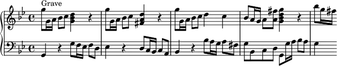 
\version "2.18.2"
\header {
  tagline = ##f
  % composer = "Domenico Scarlatti"
  % opus = "K. 88"
  % meter = "Grave"
}
%% les petites notes
%trillBesp     = { \tag #'print { bes4.\prall } \tag #'midi { c32 bes c bes~ bes4 } }
upper = \relative c'' {
  \clef treble 
  \key g \minor
  \time 4/4
  \tempo 4 = 52
      s8*0^\markup{Grave}
      g'8 g,16 a bes8 c < g bes d >4 r4 | g'8 g,16 a bes8 c < fis, a d >4 r4 | g'8 g,16 a bes8 c d4 c |
      % ms. 4
      bes8 a16 g a8 < a fis' > < g bes d g >4 r4 | bes'8 g16 fis
      % ms. 7
}
lower = \relative c' {
  \clef bass
  \key g \minor
  \time 4/4
    % ************************************** \appoggiatura a16  \repeat unfold 2 {  } \times 2/3 { }   \omit TupletNumber 
      g,4 r4 g'8 f16 ees f8 d | ees4 r4 d8 c16 bes c8 a | bes4 r4 bes'8 a16 g a8 fis |
      % ms. 4
      g8 bes, c d g, g'16 a bes8 a | g4
      % ms. 7
}
thePianoStaff = \new PianoStaff <<
    \set PianoStaff.instrumentName = #""
    \new Staff = "upper" \upper
    \new Staff = "lower" \lower
  >>
\score {
  \keepWithTag #'print \thePianoStaff
  \layout {
      #(layout-set-staff-size 17)
    \context {
      \Score
     \override TupletBracket.bracket-visibility = ##f
     \override SpacingSpanner.common-shortest-duration = #(ly:make-moment 1/2)
      \remove "Metronome_mark_engraver"
    }
  }
}
\score {
  \keepWithTag #'midi \thePianoStaff
  \midi { \set Staff.midiInstrument = #"harpsichord" }
}
