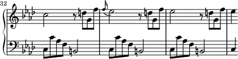 
\version "2.18.2"
\header {
  tagline = ##f
}
upper = \relative c'' {
  \clef treble 
  \key f \minor
  \time 2/2
  \tempo 2 = 110
  \set Staff.midiInstrument = #"harpsichord"
  \set Score.currentBarNumber = #32
  \omit Staff.TimeSignature
    \bar ""
     c2 r8 d8 g, f' | \appoggiatura f16 ees2 r8 d8 g, f' | ees2 r8 d8 g, f' | ees4
}
lower = \relative c {
  \clef bass
  \key f \minor
  \time 2/2
  \set Staff.midiInstrument = #"harpsichord"
  \omit Staff.TimeSignature
    % **************************************
     \repeat unfold 3 { c8 c' aes f b,2 } | c4
}
thePianoStaff = \new PianoStaff <<
    \set PianoStaff.instrumentName = #""
    \new Staff = "upper" \upper
    \new Staff = "lower" \lower
  >>
\score {
  \keepWithTag #'print \thePianoStaff
  \layout {
    indent = #0
      #(layout-set-staff-size 17)
    \context {
      \Score
     \override SpacingSpanner.common-shortest-duration = #(ly:make-moment 1/2)
      \remove "Metronome_mark_engraver"
    }
  }
}
\score {
  \keepWithTag #'midi \thePianoStaff
  \midi { }
}
