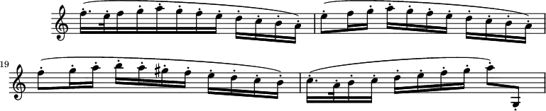 
\version "2.18.2"
\header {
  tagline = ##f
}
\score {
  \new Staff \with {
    \remove "Time_signature_engraver"
    instrumentName = #" "
  }
  \relative c'' {
    \time 3/4
    \tempo 4 = 62
    \clef treble
    \override Rest #'style = #'classical
    \set Score.currentBarNumber = #17
%%% *************************************** %%%
%%%  A T T E N T I O N   LES   R O B O T S  %%%
%%%  CES LIGNES DE CODES SONT DU LILYPOND   %%%
%%%  PAS DE LA PONCTUATION FRANÇAISE !!!    %%%
%%% *************************************** %%%
    \set Staff.keySignature = #`(((0 . 10) . ,SHARP)
                                ((0 . 3) . ,SHARP)
                                ((0 . 7) . ,SHARP)
                                ((0 . 0) . ,NATURAL)) % il manque la ligne sup de ce do naturel, comment faire ?
   f16.-.([ e32-. f16 g-. a-. g-. f-. e-.] d-.[c-. b-. a-.])
   e'8-.([ f16 g-.] a-. g-. f-. e-.] d-. c-. b-. a-.])
   f'8-.(g16-. a-. b-. a-. gis-. f-. e-.[ d-. c-. b-.])
   c16.-.( a32-. b16-. c-.] d-.[ e-. f-. g-.] a8-.) g,,-.
  }
  \layout {
    \context {
      \Score
      \remove "Metronome_mark_engraver"
    }
  }
  \midi {}
}
