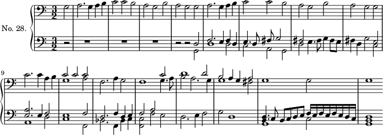 
\version "2.14.2"
\header {
  tagline = ##f
}
upper = \relative c' {
  \clef bass 
  \key a \minor
  \time 3/2
  \tempo 2 = 76
  \autoBeamOff
  \partial 1 g2 a2. | g4 a b | c2 c b | a g b a g g |
  a2. g4 a b | c2 c b | a g b | a { \tag #'print g2 \tag #'midi r2 } g2 c2. c4 a b |
  << { c2 c c } \\ { g1 a2 } >>
  f2. a4 g2 |
  << { f1 c'2 } \\ { s2 s2 g4. a8 } >>
  << { d1 d2 } \\ { b2 a2. g4 } >>
  << { b2 a4 g a2 } \\ { g1 fis2 } >>
  g1 g2 | g1
}
lower = \relative c {
  \clef bass
  \key a \minor
  \time 3/2
  \partial 2 r2 | s2 r1 s2 r1 s2 r1 r2 r2
  << { d2 } \\ { g,2 } >>
  << { f'2. e4 f d } \\ { d1 d2 } >>
  << { e4. d8 fis g2 } \\ { c,2 a g } >>
  << { fis'2 } \\ { d2 e4. fis8 g4 fis8 e8 } >>
  << { s2 s2 e2 } \\ { fis4 d g2 c, } >>
  << { << a'2. e2. >> e4 f2 } \\ { a,1 d2 } >>
  << { e1 f2 } \\ { c1 f,2 } >>
  << { d'2. f4 d e } \\ { bes2. f4 bes4 c } >>
  << { { \tag #'print f2 \tag #'midi r2 } a } \\ { << c,2 f,2 >> f' e } >>
  << {  } \\ { d2. e4 f2 } >>
  << {  } \\ { { \tag #'print g2 \tag #'midi r2 } d1 } >>
  << { << d4. b4. >> c8 b c d e f16 e f e f e d c } \\ { g1 c2 } >>
  << d1 b g >>
}
thePianoStaff = \new PianoStaff <<
    \set PianoStaff.instrumentName = #"No. 28."
    \new Staff = "upper" \upper
    \new Staff = "lower" \lower
  >>
\score {
  \keepWithTag #'print \thePianoStaff
  \layout {
      #(layout-set-staff-size 17)
    \context {
      \Score
     \override TupletBracket.bracket-visibility = ##f
     \override SpacingSpanner.common-shortest-duration = #(ly:make-moment 1/2)
      \remove "Metronome_mark_engraver"
    }
  }
}
\score {
  \keepWithTag #'midi \thePianoStaff
  \midi { \set Staff.midiInstrument = #"harpsichord" }
}
