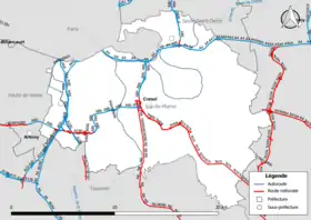 Carte du réseau routier national (autoroutes et routes nationales) dans le département du Val-de-Marne