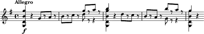 
\relative c''' {
  \version "2.18.2"
  \key g \major
  \tempo "Allegro"
  \tempo 4 = 120
  <g b, d, g,>4\f r g,8[ r a] r |
  b8[ r c] r 
  << { g'8[ r a] r | b4 } \\ { d,8 r r4 | <g b, d, g,>4 } >>
  r4 d8[ r c] r |
  b8[ r a] r 
  << { b'8[ r a] r | g4 } \\ { g,8 r r4 | <g' b, d, g,>4 } >>
  r4
}
