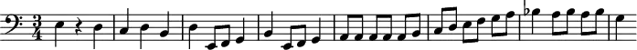 
\header {
  tagline = ##f
}
\score {
  \new Staff \with {
  }
<<
  \relative c {
  \clef bass
    \key c \major
    \time 3/4
    \tempo 4 = 110
    \override TupletBracket #'bracket-visibility = ##f 
    %\autoBeamOff
    \set Staff.midiInstrument = #"string ensemble 1"
     %%%%%%%%%%%%%%%%%%%%%%%%%% 5e chosta premier thème {{2e|mouvement}}
     e4 r4 d4 c d b d e,8 f g4 b e,8 f g4 a8[ a] a a a[ b] c d e[ f] g a bes4 a8[ bes] a bes g4
  }
>>
  \layout {
    \context {
      \Score
      \remove "Metronome_mark_engraver"
    }
  }
  \midi {}
}
