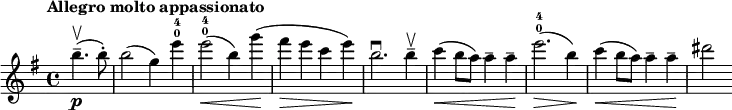 
\new Staff \with {midiInstrument = #"violin"} {
  \relative c''{
  \key e \minor
  \time 4/4
  \partial 2
  \tempo "Allegro molto appassionato"
  b'4.--\upbow( \p b8-.)
  b2( g4) e'-0-4
  e2\<(-0-4 b4) g'\!(
  fis\> e c e\!)
  b2.\downbow b4--\upbow
  c\<( b8 a) a4-- a--\!
  e'2.\>(-0-4 b4\!)
  c\<( b8 a) a4-- a--\!
  dis2
  }
}
  \midi {
    \context {
      \Score
      tempoWholesPerMinute = #(ly:make-moment 160 4)
    }
  }
