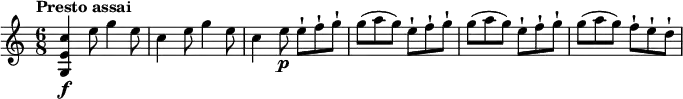 
\relative c' {
  \version "2.18.2"
  \key c \major
  \time 6/8
  \tempo "Presto assai"
  \tempo 4 = 150
   <g e' c'>4\f e''8 g4 e8
  c4 e8 g4 e8
  c4 e8\p e-! f-! g-!
  g (a g) e-! f-! g-!
  g (a g) e-! f-! g-!
  g (a g) f-! e-! d-!
}
