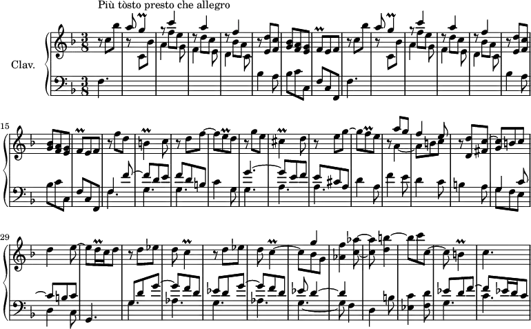 
\version "2.18.2"
\header {
  tagline = ##f
  % composer = "Domenico Scarlatti"
  % opus = "K. 419"
  % meter = "Più tosto presto che allegro"
}
%% les petites notes
trillG       = { \tag #'print { g4\prall } \tag #'midi { a32 g a g~ g8 } }
trillFq      = { \tag #'print { f8\prall } \tag #'midi { g32 f g f } }
trilldqq     = { \tag #'print { d16\prall } \tag #'midi { \times 2/3 { d32 e d } } }
trillC       = { \tag #'print { c4\prall~ } \tag #'midi { d32 c d c~ c8~ } }
trillB       = { \tag #'print { b4\prall } \tag #'midi { c32 b c b~ b8 } }
trillEq      = { \tag #'print { e8\prall } \tag #'midi { f32 e f e } }
trillCis     = { \tag #'print { cis4\prall  } \tag #'midi { d32 cis d cis~ cis8 } }
trillCDown   = { \tag #'print { c,4^\prall^~ } \tag #'midi { d32 c d c~ c8~ } }
upper = \relative c'' {
  \clef treble 
  \key f \major
  \time 3/8
  \tempo 4. = 88
  \set Staff.midiInstrument = #"harpsichord"
  \override TupletBracket.bracket-visibility = ##f
      s8*0^\markup{Più tòsto presto che allegro}
      \repeat unfold 2 { r8 c8 bes' | \stemUp a8 \trillG | g8\rest << { c4 | s8 a4 | s8 f4 } \\ {  \shiftOn f8 e | d8\rest d8 c | d8\rest bes8 a } >> | \stemNeutral r8 < e d' >8 < f c' > | < g bes > < f a > < e g > | \trillFq e8 f } |
      % ms. 17
      r8 f'8 d | \trillB c8 | r8 d8 f~ | f \trillEq d | r8 g8 e | \trillCis d8 | r8 e8 g~ | g \trillFq e |
      % ms. 25
      r8 << { a8 g | f4 e8 } \\ { a,4~ | a8 b c } >> | r8 < d, d' >8 < fis c' >^~ | < g c > b c | d4 e8~ | e \trilldqq c16 d8 | r8 d8 ees | d \trillC |
      % ms. 33
      r8 d8 ees | d << { s4 | s8 g4 } \\ { \trillCDown | c8 bes g } >> | < aes f' >4 < c aes' >8~ | q < d b' >4~ | b'8 c c,~ | c \trillB | c4. 
}
lower = \relative c' {
  \clef bass
  \key f \major
  \time 3/8
  \set Staff.midiInstrument = #"harpsichord"
  \override TupletBracket.bracket-visibility = ##f
    % ************************************** \appoggiatura a16  \repeat unfold 2 {  } \times 2/3 { }   \omit TupletNumber 
      \repeat unfold 2 { f,4. | \stemDown \change Staff = "upper" r8 c'8 bes' | a4 g8 | f4 e8 | d4 c8 | \stemNeutral \change Staff = "lower" bes4 a8 | bes c c, | f c f, } |
      % ms. 17
      << { f'4 f'8~ | f d e | f d b } \\ { \mergeDifferentlyDottedOn f4. g g } >> | c4 g8 << { g'4.~ | g8 e f | e cis a } \\ { g4. a a } >> | d4 a8 |
      % ms. 25
      f'4 e8 | d4 c8 | b4 a8 | << { g4 c8~ | c b c } \\ { g8 f e | d4 c8 } >> | g4. | << { g'8 d' g~ | g f d | ees d g~ | g f d | ees d4~ | d4 } \\ { g,4. aes g aes | g4.~ g8 f4 } >>
      % ms. 37
      d4 b'8 < ees, c' >4 < f d' >8 | << { ees'8 d f~ | f ees16 d c8 } \\ { g4. | c } >>
      % ms. 41
}
thePianoStaff = \new PianoStaff <<
    \set PianoStaff.instrumentName = #"Clav."
    \new Staff = "upper" \upper
    \new Staff = "lower" \lower
  >>
\score {
  \keepWithTag #'print \thePianoStaff
  \layout {
      #(layout-set-staff-size 17)
    \context {
      \Score
     \override SpacingSpanner.common-shortest-duration = #(ly:make-moment 1/2)
      \remove "Metronome_mark_engraver"
    }
  }
}
\score {
  \keepWithTag #'midi \thePianoStaff
  \midi { }
}
