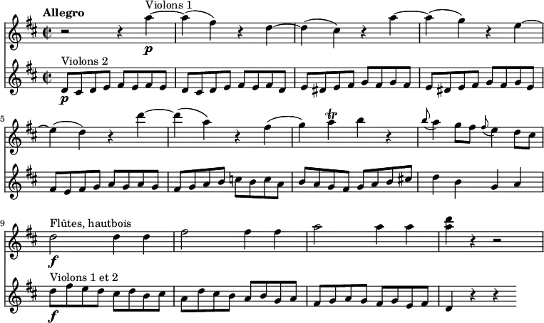 
<<
  \new Staff 
     \relative c'' { 
         \version "2.18.2"
         \clef "treble" 
         \tempo "Allegro" 
         \key d \major
         \time 2/2
              r2 r4 a'4\p ^\markup{Violons 1} ~
              a (fis) r4 d ~
              d (cis) r4 a' ~
              a (g) r4 e ~
              e (d) r4 d' ~
              d (a) r4 fis 
              (g) a\trill b r4
              \grace b8 (a4) g8 fis  \grace fis8 (e4) d8 cis
              d2\f^\markup{Flûtes, hautbois}  d4  d
               fis2 fis4 fis
              a2 a4 a
              <a d> r4 r2
}
\new Staff
\relative c'' {
         \clef "treble" 
         \tempo "Andante" 
         \key d \major
         \time 2/2
          d,8\p^\markup{Violons 2} cis d e fis e fis e
          d8 cis d e fis e fis d
          e dis e fis g fis g fis
          e dis e fis g fis g e
          fis e fis g a g a g
          fis g a b c b c a
          b a g fis g a b cis!
          d4 b g a
          d8\f^\markup{Violons 1 et 2} fis e d cis d b cis
          a d cis b a b g a
          fis g a g fis g e fis
          d4 r4 r4
 }
>>
