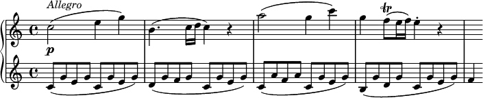 
\version "2.18.2"
\header {
  tagline = ##f
}
upper = \relative c'' {
    \tempo "Allegro"
    \tempo 4 = 130
    c2\p ^\markup{ \italic {Allegro} } (e4 g) \noBreak
    b,4.(c16 d c4) r \noBreak
    a'2( g4 c) \noBreak
    g f8\trill( e16 f) e4-. r \noBreak
    s4
  }
lower =\relative c' {
    \set Staff.midiMinimumVolume = #0.2 \set Staff.midiMaximumVolume = #0.5
    c8 (g' e g c, g' e g)
    d (g f g c, g' e g)
    c, (a' f a c, g' e g)
    b, (g' d g c, g' e g)
    f4
  }
\score {
  \new PianoStaff <<
    \new Staff = "upper" \upper
    \new Staff = "lower" \lower
  >>
  \layout {
    \context {
      \Score
      \remove "Metronome_mark_engraver"
    }
  }
  \midi { }
}
