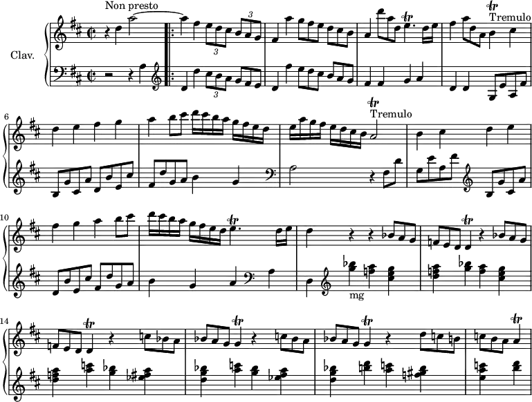 
\version "2.18.2"
\header {
  tagline = ##f
}
%% les petites notes
trillEp     = { \tag #'print { e4.\trill } \tag #'midi { fis32 e fis e~ e4 } }
trillD      = { \tag #'print { d4\trill } \tag #'midi { e32 d e d~ d8 } }
trillG      = { \tag #'print { g4\trill } \tag #'midi { a32 g a g~ g8 } }
trillA      = { \tag #'print { a4\trill } \tag #'midi { b32 a b a~ a8 } }
upper = \relative c'' {
  \clef treble 
  \key d \major
  \time 2/2
  \tempo 2 = 56
  \set Staff.midiInstrument = #"harpsichord"
  \override TupletBracket.bracket-visibility = ##f
      s8*0^\markup{Non presto}
      r4 d4 a'2~ | a4 fis \times 2/3 { e8 d cis } \times 2/3 { b8[ a g] } | fis4 a' \omit TupletNumber \times 2/3 { g8 fis e }   \times 2/3 { d8[ cis b] }
      % ms. 4
      a4 \times 2/3 { d'8 a d, } \trillEp d16 e | fis4 \times 2/3 { a8 d, a } b4\trill^\markup{Tremulo} cis | d e fis g | 
      % ms. 7
      a4 b8 cis d16 cis b a g[ fis e d] | e a g fis e[ d cis b]  a2^\markup{Tremulo}\trill b4 cis d e |
      % ms. 10
      fis4 g a b8 cis | d16 cis b a g[ fis e d] \trillEp d16 e | d4 r4 \repeat unfold 2 { r4 \times 2/3 { bes8 a g }
      % ms. 13
      \times 2/3 { f8[ e d] } \trillD } \repeat unfold 2 { r4 \times 2/3 { c'8 bes a } | \times 2/3 { bes a g } \trillG } r4
      % ms. 16 fin
      \times 2/3 { d'8 c b } \times 2/3 { c[ b a] } \trillA 
}
lower = \relative c' {
  \clef bass
  \key d \major
  \time 2/2
  \set Staff.midiInstrument = #"harpsichord"
  \override TupletBracket.bracket-visibility = ##f
    % **************************************
      r2 r4 a4   \clef treble  
      \repeat volta 2 {  
      d4 d' \times 2/3 { cis8 b a }   \omit TupletNumber \times 2/3 { g8[ fis e] } | d4 fis' \times 2/3 { e8 d cis } \times 2/3 { b8[ a g] } |
      % ms. 4
      fis4 fis g a | d, d g,8 e' a, fis' | b, g' cis, a' d, b' e, cis'
      % ms. 7
      fis,8 d' g, a b4 g |   \clef bass a,2 r4 | fis8 d' g, e' a, fis'   \clef treble   b,8 g' cis, a' |
      % ms. 10
      d,8 b' e, cis' fis, d' g, a | b4 g a    \clef bass  a,4 d, |    \clef treble  < g'' bes >4-\markup{mg} < f a > < cis e g > |
      % ms. 13
      < d f a >4 < g bes > < f a > < cis e g > | < d f a > < a' c > < g bes > < ees fis a > | < d g bes > < a' c > < g bes > < ees fis a > |
      % ms. 16 
      < d g bes > < b' d > < a c > < f gis b > | < e a c > < b' d > 
      } \bar ".|:" % fin de reprise
}
thePianoStaff = \new PianoStaff <<
    \set PianoStaff.instrumentName = #"Clav."
    \new Staff = "upper" \upper
    \new Staff = "lower" \lower
  >>
\score {
  \keepWithTag #'print \thePianoStaff
  \layout {
      #(layout-set-staff-size 17)
    \context {
      \Score
     \override SpacingSpanner.common-shortest-duration = #(ly:make-moment 1/2)
      \remove "Metronome_mark_engraver"
    }
  }
}
\score {
  \keepWithTag #'midi \thePianoStaff
  \midi { }
}
