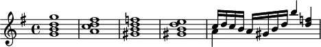 
\header {
  tagline = ##f
}
\score {
  \new Staff \with {
  }
<<
  \relative c''' {
    \key g \major
    \time 4/4
    \override TupletBracket #'bracket-visibility = ##f 
    %\autoBeamOff
     %%%%%%%%%%%%%%%%%%%%%%%%%% K15g
     < g d b g >1 < fis d c a >1 < f! d b gis >1 < e d b gis >1 
     << { c16 d c b a gis b d b'4 < f! d >4 } \\ { a,4 } >>
  }
>>
  \layout {
    \context {
      \remove "Metronome_mark_engraver"
    }
  }
  \midi {}
}
