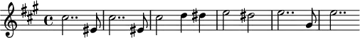 
\header {
  tagline = ##f
}
\score {
  \new Staff \with {
  }
<<
  \relative c'' {
    \clef treble
    \key a \major
    \time 4/4
    \tempo 4 = 70
    %\autoBeamOff
    \set Staff.midiInstrument = #"string ensemble 1"
     %%%%%%%%%%%%%%%%%%%%%%%%%% AB 9-1 th2
     \repeat unfold 2 { cis2.. eis,8 }  cis'2 d4 dis e2 dis e2.. gis,8 e'2..
  }
>>
  \layout {
    \context { \Score \remove "Metronome_mark_engraver"
    }
  }
  \midi {}
}
