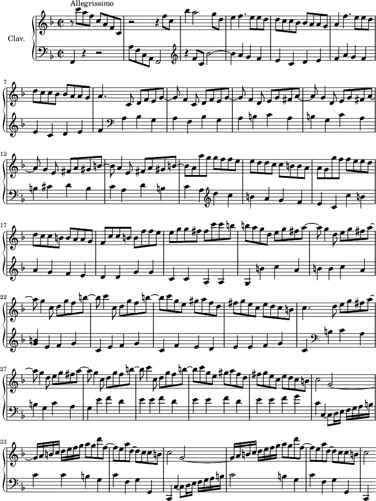 
\version "2.18.2"
\header {
  tagline = ##f
  % composer = "Domenico Scarlatti"
  % opus = "K. 482"
  % meter = "Allegrissimo"
}
%% les petites notes
%trillBesp     = { \tag #'print { bes4.\prall } \tag #'midi { c32 bes c bes~ bes4 } }
upper = \relative c'' {
  \clef treble 
  \key f \major
  \time 2/2
  \tempo 2 = 92
      s8*0^\markup{Allegrissimo}
      r8 c'8 a f c a f c | r2 r4 f'8 c | bes'4 a2  g8 d | e4 f4. e8 e d |
      % ms. 5
      d8 c c bes bes a a g | a4 f'4. e8 e d | d8 c c bes bes a a g | a4. \repeat unfold 2 { c,8 d f e g~ |
      % ms. 10
       g f4 } \repeat unfold 2 { d8 e g fis a~ | a g4 } e8 fis a gis b~ | b a4 e8 fis a gis b~ |
      % ms. 14
      b a a' g \repeat unfold 2 { g f f e   e d d c  c b b a   a g } 
      % ms. 18
      f8 c' c b b f' f e | e g g fis fis c' c b | b a g d e g fis a~ | a g4 d8 e g fis a~ |
      % ms. 22
      a8 g4  c,8 d g f b~ | b c4 c,8 d g f b~ | b c g e gis a f d | fis g e c e d c b |
      % ms. 26
      c4. \repeat unfold 2 { d8 e g fis a~ | a g4 } c,8 d g f b~ | b c4 c,8 d g f b~ |
      % ms. 30
      b8 c g e gis a f d | fis g e c e d c b | \repeat unfold 2 { c2 g~ | g16[ a b c] d e f g a8 g d' f,~ |
      % ms. 34
      f8 e a d,~ d c c b } |
      % ms. 38
      c2
}
lower = \relative c' {
  \clef bass
  \key f \major
  \time 2/2
    % ************************************** \appoggiatura a16  \repeat unfold 2 {  } \times 2/3 { }   \omit TupletNumber 
      f,,4 r4 r2 | a'8 f c a f2   \clef treble  | r4 f''8 c bes'2~ |
      bes4 \repeat unfold 2 { a g f | 
      % ms. 8 début…
      e c d e | f }   \clef bass a,4 bes g | a f bes g |
      % ms. 10
      a4 b c a | b g c a | b cis d b | c a d b | 
      % ms. 14
      c4 a   \clef treble  d' c | b a g f  | e c c' b | a g f e | 
      % ms. 18
      d4 d g g | c, c a a | g b' c a | b b c a |
      % ms. 22
      < g b >4 \repeat unfold 2 { e f g | c, } f e d | e e f g |
      % ms. 26
      c, \clef bass  b c a | b g c a | g e' f d | \repeat unfold 2 { e e f d } | 
      % ms. 31
      e4 e f g | c, c,4~ c8 d16 e f[ g a b] | c4 c b g |
      % ms. 34
      c4 f, g g, | c, c'~ c8 d16 e f[ g a b] | c2 b4 g | c f, g g, |
      % ms. 38
      c,4 s4
}
thePianoStaff = \new PianoStaff <<
    \set PianoStaff.instrumentName = #"Clav."
    \new Staff = "upper" \upper
    \new Staff = "lower" \lower
  >>
\score {
  \keepWithTag #'print \thePianoStaff
  \layout {
      #(layout-set-staff-size 17)
    \context {
      \Score
     \override TupletBracket.bracket-visibility = ##f
     \override SpacingSpanner.common-shortest-duration = #(ly:make-moment 1/2)
      \remove "Metronome_mark_engraver"
    }
  }
}
\score {
  \keepWithTag #'midi \thePianoStaff
  \midi { \set Staff.midiInstrument = #"harpsichord" }
}
