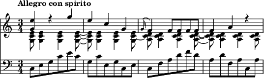 
<<
\new Staff \relative c'' {
    \version "2.18.2"
    \key c \major 
    \tempo "Allegro con spirito"
    \time 3/4
  << \relative c'' {\stemUp <g e'>4 r4 g' e c g \grace g16 (f4) f8 f f f f4 a r4} \\  \relative c'' {\stemDown <g, c e>8  <g c e>4  <g c e>  <g c  e>8 ~  <g c e>8  <g c e>4 <g c e> <g c e>8  ~ <a c d> <a c d>4 <a c d> <a c d>8 ~ <a c d>  <a c d>4 <a c d> <a c d>8 }>>
}
\new Staff \relative c {
  \clef bass
    \key c \major
    \time 3/4
     c8 e g c e c
     g c e, g c, e
     c f a d f d
     a d f, a c, a'
}
>>
