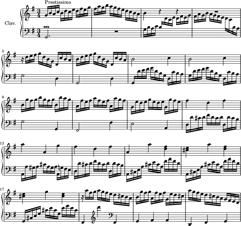 
\version "2.18.2"
\header {
  tagline = ##f
  % composer = "Domenico Scarlatti"
  % opus = "K. 348"
  % meter = "Prestissimo"
}
%% les petites notes
trillGb     = { \tag #'print { g,2.\prallprall } \tag #'midi { \repeat unfold 4 { a32 g a g~ } g4 } }
upper = \relative c'' {
  \clef treble 
  \key g \major
  \time 3/4
  \tempo 4 = 92
      s8*0^\markup{Prestissimo}
      g16 b a c  b d c e d fis e g | fis a g b a g fis e d c b a | b4 c4\rest c4\rest | 
      % ms. 4
      R2. | r16 d16 e fis g d b g d c' b a | b d e fis g d b g d c' b a |
      % ms. 7
      \repeat unfold 2 { b2 c4 } | b16 g' fis g b g fis g b, b' a g |
      % ms. 10
      a, fis' e fis a fis e fis a, a' g fis | g, e' d e g e d e g, g' fis e | fis4 d fis |
      % ms. 13
      a4 a, g' | fis d fis | a, a' < d, fis >
      % ms. 16
      < cis e >4 a' < d, fis > | < cis e > g' < cis, e > | r16 a'16 fis g a g fis e d cis b a |
      % ms. 19
      b16 g' fis g a, fis' e fis g, e' d cis | a' g fis e d cis b a g fis e d | % a'4 a' < d, fis > |
      % ms. 22
      % < cis e >4 a' < d, fis > | < cis e > g' < cis, e > |
      % ms. 26
}
lower = \relative c' {
  \clef bass
  \key g \major
  \time 3/4
    % ************************************** \appoggiatura a16  \repeat unfold 2 {  } \times 2/3 { }   \omit TupletNumber 
      \trillGb | R2. | g'16 b a  c \stemUp b  \stemDown \change Staff = "upper"  d c e d fis e g |
      % ms. 4
      fis a g b a g fis e d c \change Staff = "lower" b a \stemNeutral | g2 d4 | g,2 d'4 \stemUp |
      % ms. 7
      g,16 \stemNeutral  d'' e fis g d b g d c' b a | g d' e fis g d b g d c' b a | g2 g,4 |
      % ms. 10
      fis2 fis'4 | e2 a,4 | d16 d' cis d fis d cis d d, d' cis b | 
      % ms. 13
      a,16 a' gis a cis a gis a a, g' fis e | d d' cis d  fis d cis d  d, d' cis b | \repeat unfold 2 { a, cis e a  cis e cis a  fis' a fis d } |
      % ms. 17
      g,,16 cis e g cis e cis g e' g e cis | fis,,4   \clef treble  d''''   \clef bass fis,,,, |
      % ms. 19
      g a a | d, fis g | % \repeat unfold 2 { a16 cis e a  cis e cis a  fis' a fis d } |
      % ms. 23
      % g,,16 cis e g cis e cis g e' g e cis | fis,,4  \clef treble  d''''  \clef bass fis,,,, | g a a |
      % ms. 26
      % \repeat unfold 3 { d,4 fis a } | d,2. %repet
}
thePianoStaff = \new PianoStaff <<
    \set PianoStaff.instrumentName = #"Clav."
    \new Staff = "upper" \upper
    \new Staff = "lower" \lower
  >>
\score {
  \keepWithTag #'print \thePianoStaff
  \layout {
      #(layout-set-staff-size 17)
    \context {
      \Score
     \override TupletBracket.bracket-visibility = ##f
     \override SpacingSpanner.common-shortest-duration = #(ly:make-moment 1/2)
      \remove "Metronome_mark_engraver"
    }
  }
}
\score {
  \keepWithTag #'midi \thePianoStaff
  \midi { \set Staff.midiInstrument = #"harpsichord" }
}
