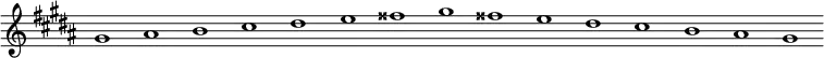 
\new Staff {
  \relative c'' {
    \key gis \minor
    \override Staff.TimeSignature #'stencil = ##f
    \override Staff.BarLine #'stencil = ##f
     gis1 ais b cis dis e fisis gis fisis e dis cis b ais gis
  }
}
\midi {
  \context {
    \Score
    tempoWholesPerMinute = #(ly:make-moment 120 1)
  }
}
