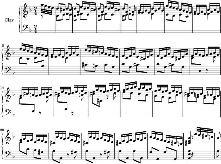 
\version "2.18.2"
\header {
  tagline = ##f
  % composer = "Domenico Scarlatti"
  % opus = "K. deest"
  % meter = ""
}
%% les petites notes
%trillBesp     = { \tag #'print { bes4.\prall } \tag #'midi { c32 bes c bes~ bes4 } }
upper = \relative c'' {
  \clef treble 
  \key d \minor
  \time 2/4
  \tempo 4 = 96
  \set Staff.midiInstrument = #"harpsichord"
  \override TupletBracket.bracket-visibility = ##f
\partial 8
      %s8*0^\markup{Allegro}
      a'32 g f e | \stemUp d8 cis d cis | d a \repeat unfold 2 { f'16 d e cis | d8 a } r8 a8 | bes16 g bes g d' bes d bes |
      % ms. 6
      g'16 f e d c bes a g | a f a f c' a c a | f' e d c bes a g f | g e g e bes' g bes g | e' d cis b a g f e | 
      % ms. 11
      f d f a e cis e g | f d f a e cis e a | f a g f g a bes g | a cis b a b cis d b | cis e d cis d e f d |
      % ms. 16
      e16 g f e f g a f | g a bes c a bes g a | f g e f d f e d | cis d b cis a bes g a | f g e f d f e d |
      % ms. 21
      \repeat unfold 2 { cis16 bes' a g a f e d } | cis16 e d f e g f a | bes a g f e d cis b | < cis e a >4 r8 e'32 d cis b |
      % ms. 21
      a8
}
lower = \relative c' {
  \clef bass
  \key d \minor
  \time 2/4
  \set Staff.midiInstrument = #"harpsichord"
  \override TupletBracket.bracket-visibility = ##f
    % ************************************** \appoggiatura a16  \repeat unfold 2 {  } \times 2/3 { }   \omit TupletNumber 
      \stemDown \change Staff = "upper" r8 | \repeat unfold 4 { d8 e f e } | g4 f |
      % ms. 6
      e8 d e c f4 f | d8 c d \stemUp \change Staff = "lower" bes \stemDown \change Staff = "upper" e4 d | \stemNeutral \change Staff = "lower" cis8 b cis a |
      % ms. 11
      \repeat unfold 2 { d8 a cis a } | \stemDown \change Staff = "upper" d8 \stemUp \change Staff = "lower" d, r8 \stemDown \change Staff = "upper" e'8 | f \stemUp \change Staff = "lower" f, r8 \stemDown \change Staff = "upper" g'8 | a \stemUp \change Staff = "lower" a,  r8 \stemDown \change Staff = "upper" b'8 |
      % ms. 16
      cis8 cis, r8 d'8 | e d c bes | a g f bes | a g f e | d \stemNeutral \change Staff = "lower" c bes gis |
      % ms. 21
      \repeat unfold 2 { a8 a, r8 gis'8 } | \repeat unfold 2 { a a, } |  \repeat unfold 2 { g' g, } | < a e' a >4 r4 |
      % ms. 21
      a'8
}
thePianoStaff = \new PianoStaff <<
    \set PianoStaff.instrumentName = #"Clav."
    \new Staff = "upper" \upper
    \new Staff = "lower" \lower
  >>
\score {
  \keepWithTag #'print \thePianoStaff
  \layout {
      #(layout-set-staff-size 17)
    \context {
      \Score
     \override SpacingSpanner.common-shortest-duration = #(ly:make-moment 1/2)
      \remove "Metronome_mark_engraver"
    }
  }
}
\score {
  \keepWithTag #'midi \thePianoStaff
  \midi { }
}
