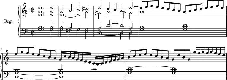 
\version "2.18.2"
\header {
  tagline=##f
}
%%%%%%%%%% KEYS %%%%%%%%%%%%%
global={ \time 2/1
           \set Staff.timeSignatureFraction=2/2
         }
Key={ \key c \major }
%% droite
rhUpper=\relative c'' {
  \voiceOne
  \Key
  s1*2 g2 a b cis  d c4 b a2 d~ d8[ e f e] d c b a g[ a b c] d e f d|e[ g f e] d c b a g16[ c b a g f e d] c b c d e f g a|b8 c d e d[ c b a] g[ d' b g] g'16 f g f g f e d
}
rhLower=\relative c' {
  \voiceTwo
  \Key
  < d g d' >1. < d g d' >2 d1~ d2 g fis g g fis g1 s1 
}
%% gauche
lhUpper=\relative c' {
  \voiceOne
  \Key
  b1. b2 b a g g a d~ d a b1 d c c2 r2 d1~ d
}
lhLower=\relative c {
  \voiceTwo
  \Key
  g'1. g2 g fis g e d1~ d2 d g1 < g b >1 < c, g' >1~ q < g' b >1 q
}
PianoRH={
  \clef treble
  \global
  \set Staff.midiInstrument=#"church organ"
  <<
    \new Voice="one" \rhUpper
    \new Voice="two" \rhLower
  >>
}
PianoLH={
  \clef bass
  \global
  \set Staff.midiInstrument=#"recorder"
  <<
    \new Voice="one" \lhUpper
    \new Voice="two" \lhLower
  >>
}
piano={
  <<
    \set PianoStaff.instrumentName=#"Org."
    \new Staff="upper" \PianoRH
    \new Staff="lower" \PianoLH
  >>
}
\score {
  \new PianoStaff <<
    \set PianoStaff.instrumentName=#"piano"
    \new PianoStaff="piano" \piano
  >>
  \layout {
    #(layout-set-staff-size 17)
    \override SpacingSpanner.common-shortest-duration=#(ly:make-moment 1/2)
    \context {
      \Score
      \remove "Metronome_mark_engraver"
    }
  }
  \midi { \tempo 2=92 }
}
