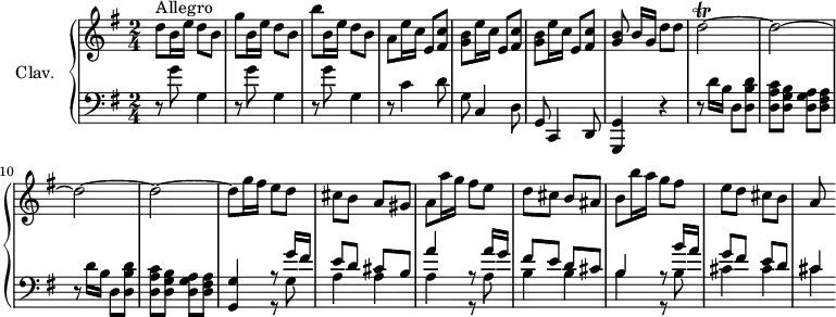 
\version "2.18.2"
\header {
  tagline = ##f
}
TrillD   = { \tag #'print { d2~\trill d~ d~ d~ } \tag #'midi { \repeat unfold 30 { e32 d~ } d8~ }  }
upper = \relative c'' {
  \clef treble 
  \key g \major
  \time 2/4
  \tempo 4 = 112
  \set Staff.midiInstrument = #"harpsichord"
  d8^\markup{Allegro} b16 e d8 b | g' b,16 e d8 b | b'8 b,16 e d8 b | a8 e'16 c e,8 < fis c' >8 | 
  % ms. 5
  \repeat unfold 2 { < g b >8 e'16 c e,8 < fis c' >8 } | < g b >8 b16[ g] d'8 d | \TrillD | d8 g16 fis e8 d |
  % ms. 13
  cis8  b a gis | a a'16 g fis8 e | d cis b ais | b8 b'16 a g8 fis | e d cis b | a
}
lower = \relative c' {
  \clef bass
  \key g \major
  \time 2/4
  \set Staff.midiInstrument = #"harpsichord"
    % **************************************
   \repeat unfold 3 { r8 g'8 g,4 } | r8 c4 d8 | g,8 c,4 d8 | g, c,4 d8 | < g, g' >4 r4 | 
   % ms. 8
   \repeat unfold 2 { r8 d'''16[ b] d,8 < d b' d >8 | < d a' c > < d g b > < d g a > < d fis a > } | < g, g' >4 << { r8 g''16 fis e8 d cis b | a'4 r8 a16 g fis8 e d cis | b4 | r8 b'16 a | g8 fis e d | cis4 } \\ { r8 g8 | a4  a | a r8 a8 | b4 b | b r8 b8 | cis4 cis | cis } >>
} 
thePianoStaff = \new PianoStaff <<
    \set PianoStaff.instrumentName = #"Clav."
    \new Staff = "upper" \upper
    \new Staff = "lower" \lower
  >>
\score {
  \keepWithTag #'print \thePianoStaff
  \layout {
      #(layout-set-staff-size 17)
    \context {
      \Score
     \override SpacingSpanner.common-shortest-duration = #(ly:make-moment 1/2)
      \remove "Metronome_mark_engraver"
    }
  }
}
\score {
  \keepWithTag #'midi \thePianoStaff
  \midi { }
}
