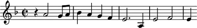 
\header {
  tagline = ##f
}
\score {
  \new Staff \with {
  }
<<
  \relative c'' {
    \key f \major
    \time 2/2
    \tempo 2 = 80
    \override TupletBracket #'bracket-visibility = ##f 
    %\autoBeamOff
    \set Staff.midiInstrument = #"french horn"
     %%%%%%%%%%%%%%%%%%%%%%%%%% AB 3-1 th2
     r4 a2 g8 a bes4 a g f e2. a,4 e'2 f e4
  }
>>
  \layout {
    \context { \Score \remove "Metronome_mark_engraver"
    }
  }
  \midi {}
}
