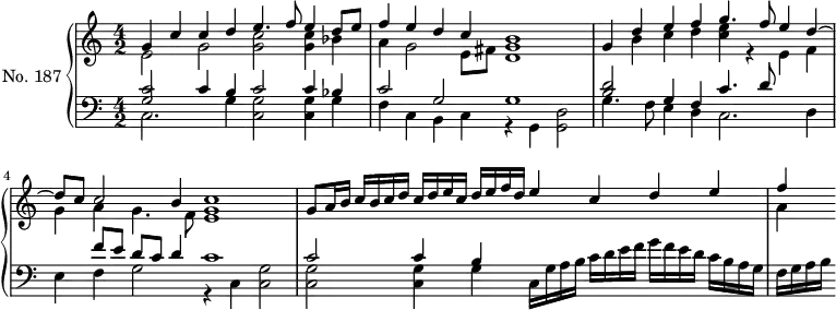 
\version "2.14.2"
\header {
  tagline = ##f
}
upper = \relative c'' {
  \clef treble 
  \key a \minor
  \time 4/2
  \tempo 2 = 62
  \autoBeamOff
  \set fontSize = #-1
  \set Staff.midiInstrument = #"dulcimer"
    << { g4 c c d e4. f8 e4 d8 e } \\ { e,2 g << g c >> << g4 c >> bes } >> 
    << { f'4 e d c b1 } \\ { a4 g2 e8 fis << d1 g >> } >> 
    << { g4 d' e f g4. f8 e4 d~ } \\ { s4 b c d << c e >> r4 e,4 f } >> 
    << { d'8 c c2 b4 c1 } \\ { g4 a g4. f8 <<e1 g >> } >> 
    << { g8 a16 b   c b c d    c d e c   d e f d   e4 c d e } \\ {} >>
    << { f4 } \\ { a,4 } >>  
}
lower = \relative c {
  \clef bass
  \key a \minor
  \time 4/2
  \set Staff.midiInstrument = #"dulcimer"
    << { << c'2 g >> c4 b c2 c4 bes } \\ { c,2. g'4 << c,2 g' >> << c,4 g' >> g } >> 
    << { c2 g g1 } \\ { f4 c b c r4 g << d'2 g, >> } >> 
    << { << d''2 b >> g4 f c'4. d8 } \\ { g,4. f8 e4 d c2. d4 } >> 
    << { s4 f'8 e d c d4 c1 } \\ { e,4 f g2 r4 c,4 << g'2 c, >> } >> 
    << { c'2 c4 b } \\ { << g2 c,2 >> << g'4 c,4 >> g'4 } >> 
     c,16 g' a b   c d e f   g f e d   c b a g   f g a b
}
\score {
  \new PianoStaff <<
    \set PianoStaff.instrumentName = #"No. 187"
    \new Staff = "upper" \upper
    \new Staff = "lower" \lower
  >>
  \layout {
    \context {
      \Score
      \remove "Metronome_mark_engraver"
    }
  }
  \midi { }
}
