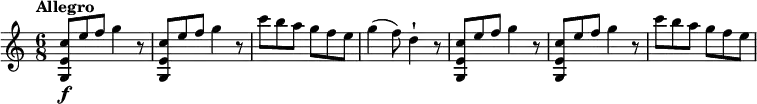 
\relative c'' {
    \version "2.18.2"
    \key c \major
    \tempo "Allegro"
    \time 6/8
    <g, e' c'>8 \f [e''8 f] g4 r8
    <g,, e' c'>8  [e''8 f] g4 r8
    c8 b a g f e
    g4 (f8) d4-! r8
    <g,, e' c'>8  [e''8 f] g4 r8
    <g,, e' c'>8  [e''8 f] g4 r8
    c8 b a g f e
  }
