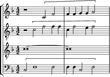 
\version "2.18.2"
\header {
  tagline = ##f
}
global= {
  \time 4/2
  \key f \major
  \tempo 2 = 80
    \set Staff.midiInstrument = #"orchestral harp"
}
dessus = \new Voice \relative c' {
  \clef treble
  \set Staff.instrumentName = #""
   r1 \[ c2 f f4 f g g a2 \] s2
  % \addlyrics { Vos- tre-al- lée__ me des }
}
alto = \new Voice \relative c' {
  \set Staff.instrumentName = #""
  \clef "treble_8"
   r2 \[ c2 f f4 f c f2 e4 f2 \] s2
}
tenor = \new Voice \relative c' {
  \set Staff.instrumentName = #""
  \clef "treble_8"
  c\breve~ c\breve
}
basse = \new Voice \relative c {
  \set Staff.instrumentName = #""
  \clef bass
   \[ c2 f1 f2 f4 f c2 f \] s2
}
\score {
  \new StaffGroup <<
    \new Staff << \global \dessus >>
    \new Staff << \global \alto >>
    \new Staff << \global \tenor >>
    \new Staff << \global \basse >>
  >>
  \layout {
    \context {
      \Score
      \remove "Metronome_mark_engraver"
    }
  }
  \midi { }
}
