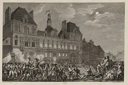La colonne de la Convention arrive sur la place de Grève vers 2 heures du matin. On voit tomber d'une des fenêtres éclairées Augustin Robespierre qui essaie de se suicider (gravure d'Helman d'après Monnet).