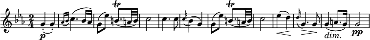 
\relative c'' {
\time 2/4
\key ees \major
g4\p(-. g)-. | \grace { aes16[( bes] } c4.)( bes16 aes) | 
g8( ees') b8.\trill( a32 b) | c2 | c4. c8 |
\grace {c16(} bes4)( g) | g8( ees') b8.\trill( a32 b) | c2 |
ees4\<( d\!) | \grace {d16(} g,4.\>) g8\! | g4\dim( a8. g16\!) | g2\pp |
}
