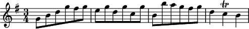 
\header {
  tagline = ##f
}
\score {
  \new Staff \with {
  }
<<
  \relative c'' {
    \key g \major
    \time 3/4
    \override TupletBracket #'bracket-visibility = ##f 
    %\autoBeamOff
     %%%%%%%%%%%%%%%%%%%%%%%%%% K15c
     g8 b d g fis g e g d g c, g' b, b' a g fis g d4 c\trill b
  }
>>
  \layout {
    \context {
      \remove "Metronome_mark_engraver"
    }
  }
  \midi {}
}
