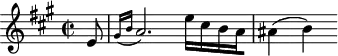 
\header {
  tagline = ##f
}
\score {
  \new Staff \with {
  }
<<
  \relative c'' {
    \key a \major
    \time 2/2
    \override TupletBracket #'bracket-visibility = ##f 
    \autoBeamOff
     %%%%%%%%%%%%%%%%%%%%%%%%%% K12
     \partial 8 e,8 \grace { gis16[( b16] } a2.) e'16[ cis b a ais4]( b)
  }
>>
  \layout {
    \context {
      \remove "Metronome_mark_engraver"
    }
  }
  \midi {}
}
